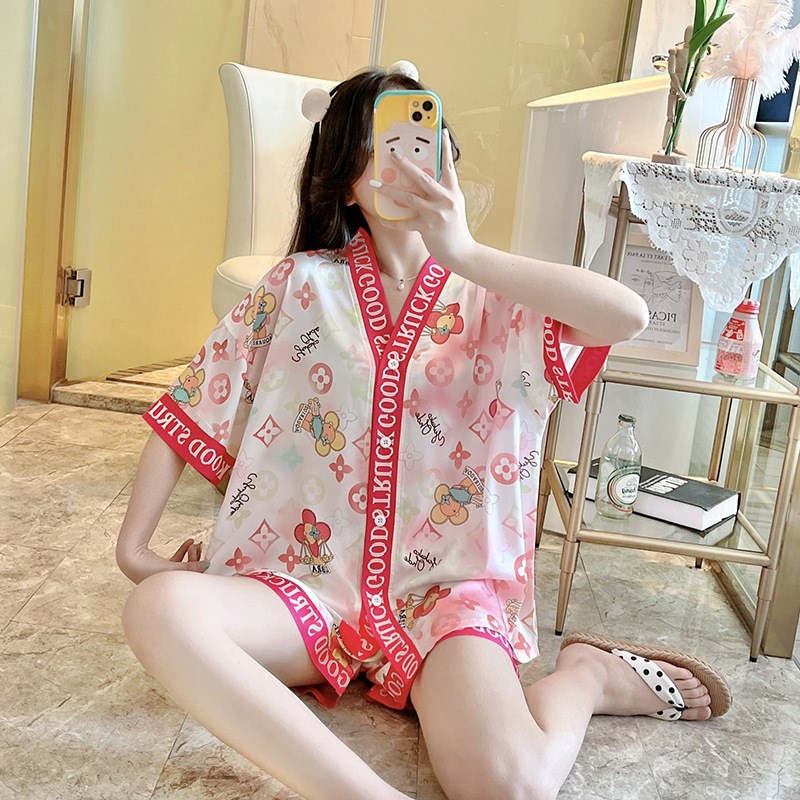 冰丝睡衣女夏季短袖女士真t丝家居服夏天可爱女式居家服可外穿套