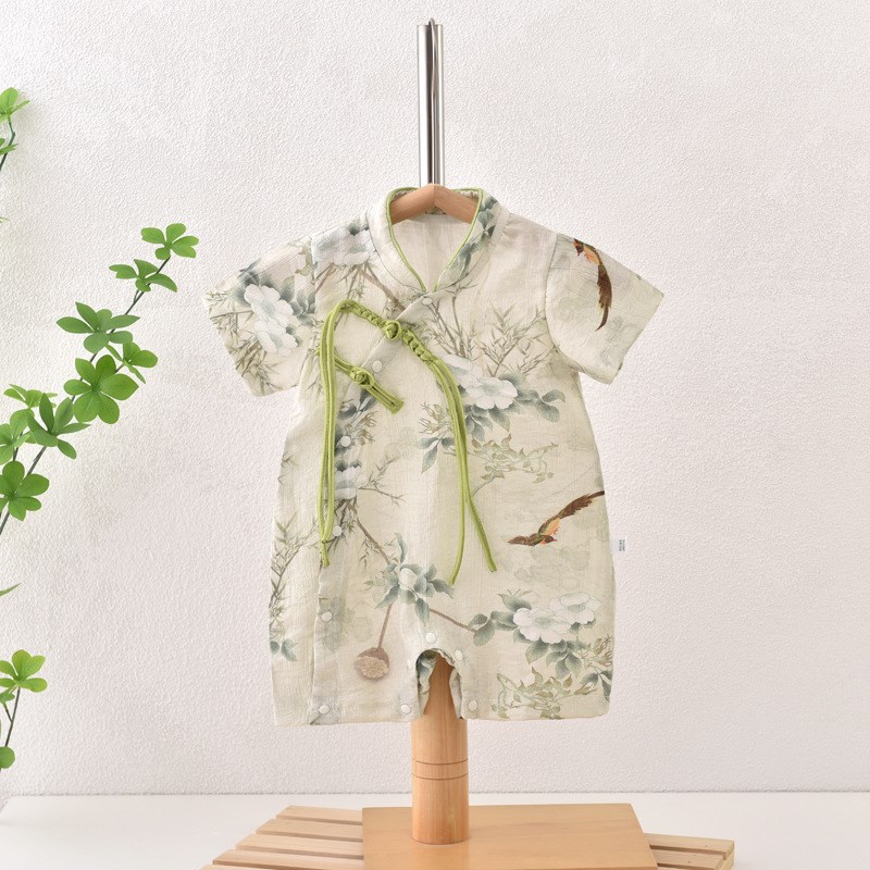 婴儿短袖连体衣夏季m薄款棉麻新中式复中国风外出衣服宝宝夏装哈