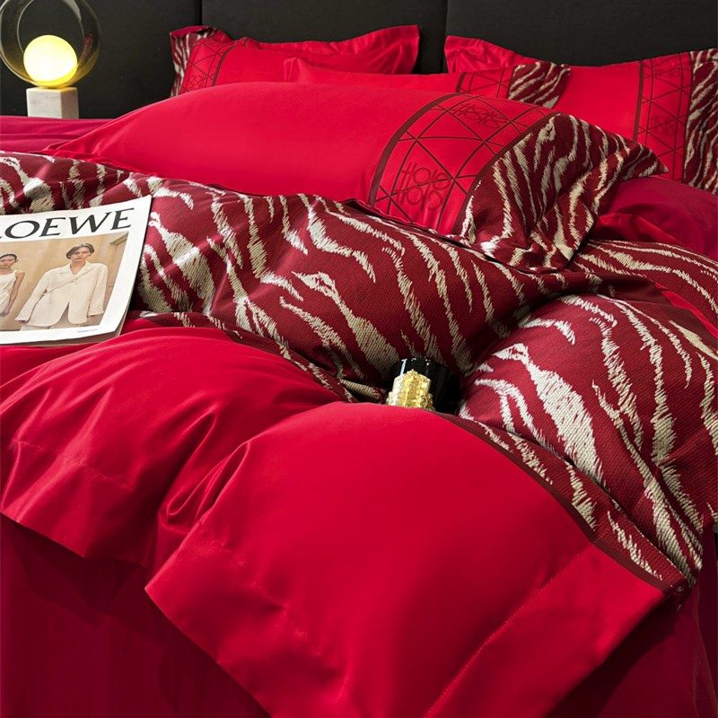 高端西式水洗棉婚庆四件套轻奢红色结婚被套床单新房喜被床上用品,床上用品,婚庆床品套件,淘宝优惠券,粉丝福利购,淘宝优惠卷