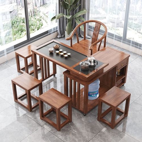 实木茶桌旋转式茶台阳台小户型移动1米1.2米桌椅组合橡胶木带烧水