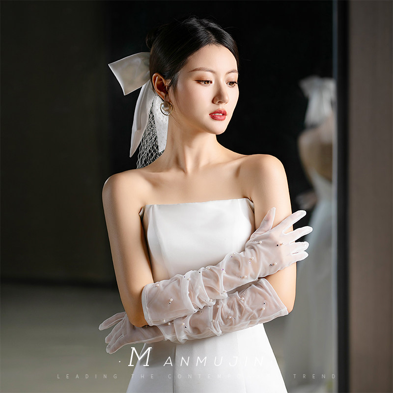 新品新娘手套结婚造型拍照婚纱礼服配饰重工珍珠水钻白色网纱长款图片