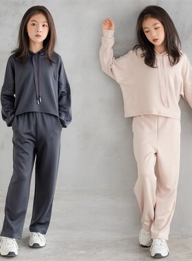 儿童秋季套装2023洋派连帽长袖休闲两件式大女童灰色阔腿裤两件套