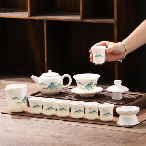 现货千里江山羊脂玉茶具套装德化高端白瓷功夫茶具礼盒装描金盖碗