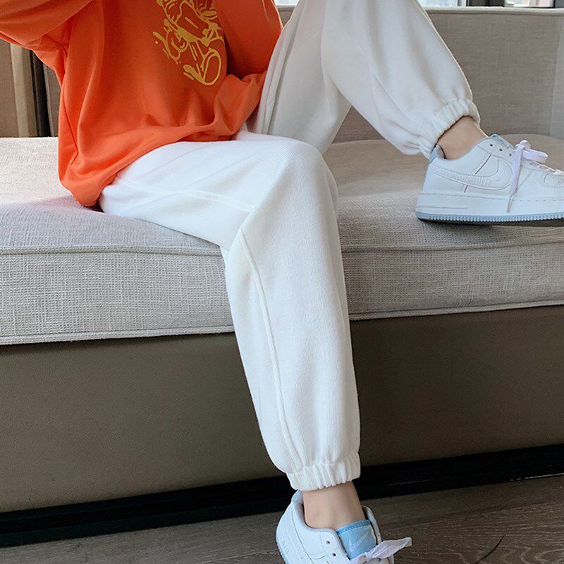 灰色阔腿运动裤女春秋冬宽松小个子束脚高腰哈伦抽绳休Z闲夏季卫