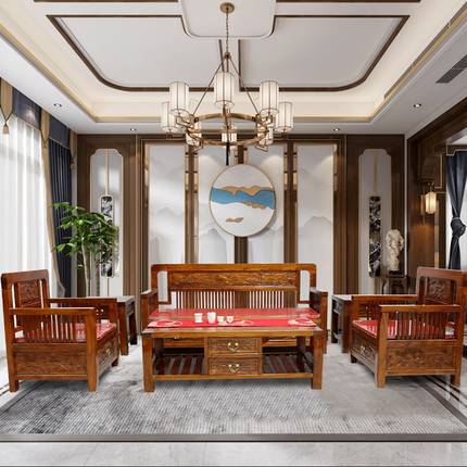 老榆木家俱沙发转角雕花全实木新中式整套客厅组合