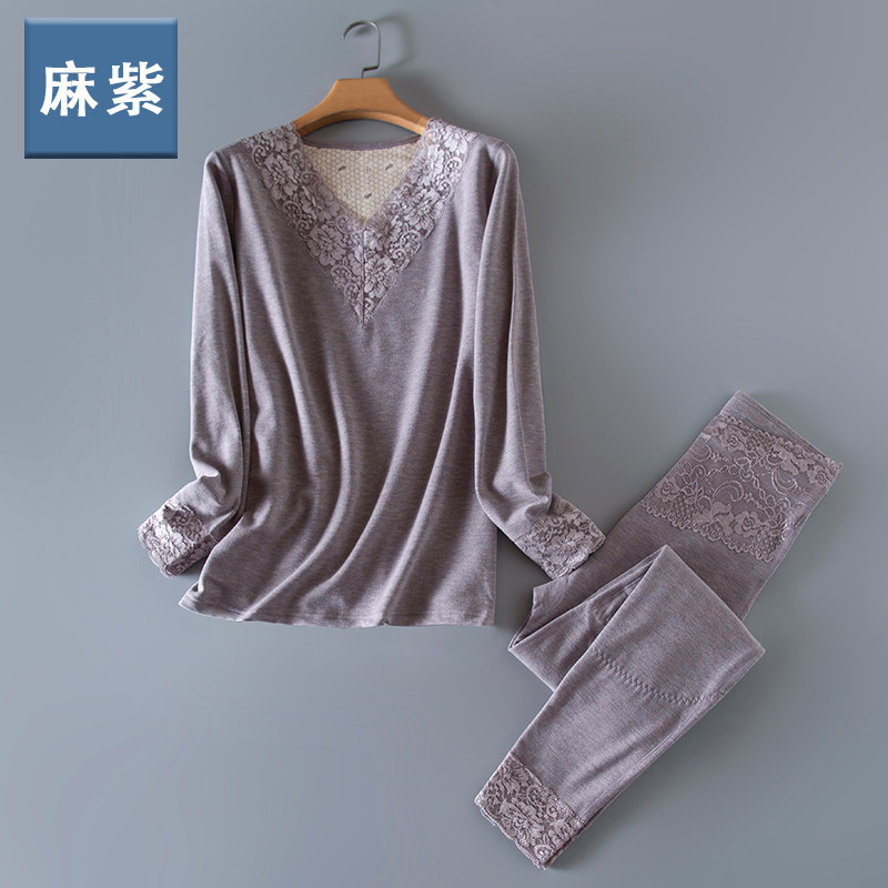 新款女士蕾丝花边保暖内衣加厚加绒秋衣秋裤大码V领线衣线裤套装
