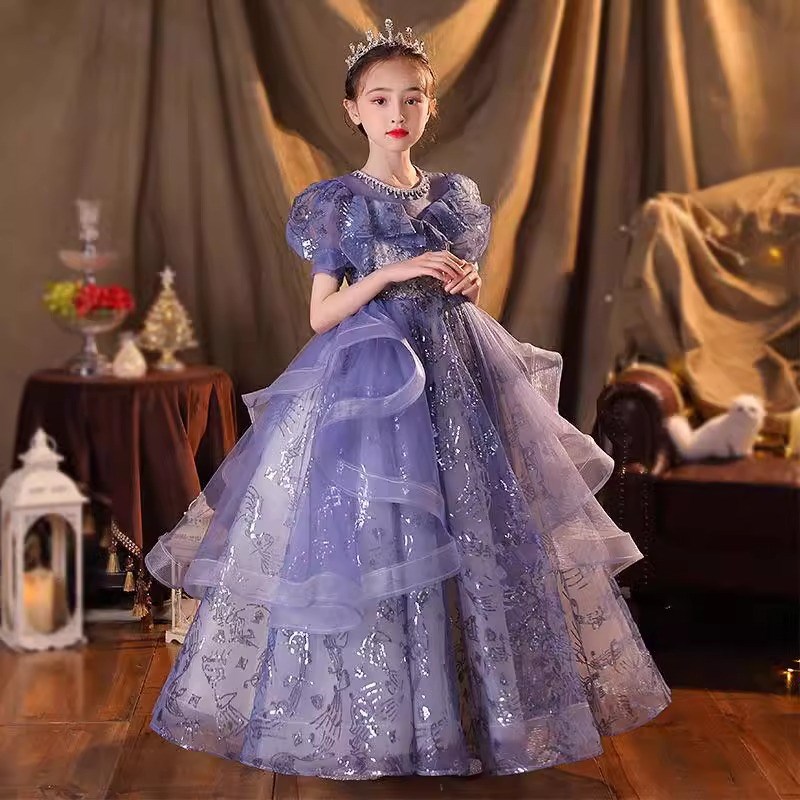 儿童紫色晚礼服公主裙2024新款女童模特走秀主持钢琴演出服演奏服
