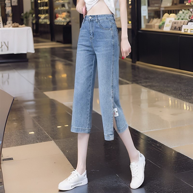 七分阔腿牛仔裤女夏季2024年新款高腰薄款开叉裤子宽松直筒女裤潮