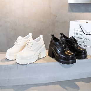 小个子增高10公分真皮小皮鞋 单鞋 女 绑带圆头厚底松糕鞋 粗跟高跟鞋