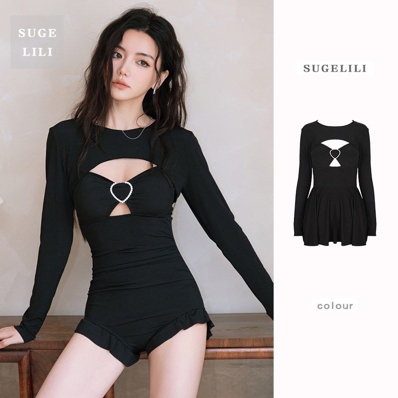 黑色连体泳衣女高级感长袖显瘦纯欲辣妹三件套保守泡温泉裙式泳装