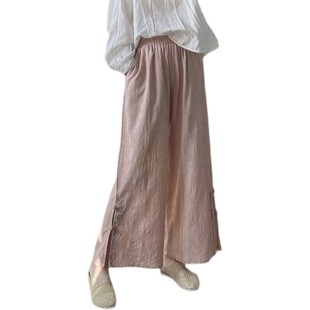 盘扣长裤 松紧腰宽松瑜伽裤 女春夏季 文艺小清新纯色棉麻开叉阔腿裤