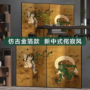 定制日式中古手绘仿古金银箔屏风折叠移动隔断客厅酒店茶室背景墙
