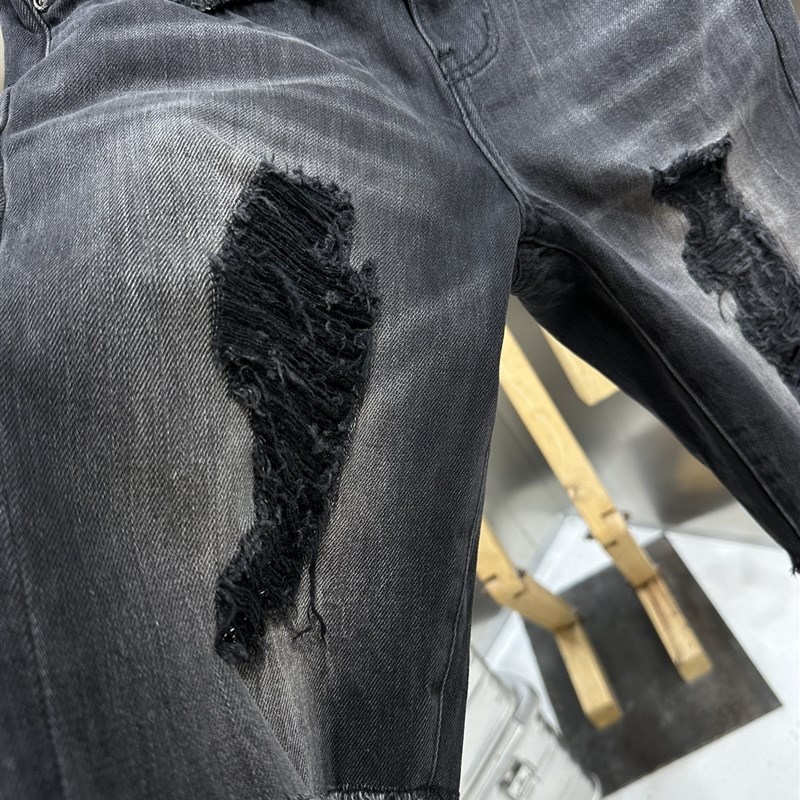 万年大破洞 高端货 手工水洗磨破做旧复古黑色潮牌牛仔短裤男裤