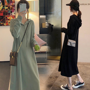 孕妇春装长裙子2023新款宽松过膝中长款长袖连帽卫衣连衣裙春秋季