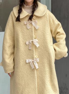 蛋包饭餐厅_鹅黄色羊毛呢子大衣女冬季日系小个子中长款毛呢外套