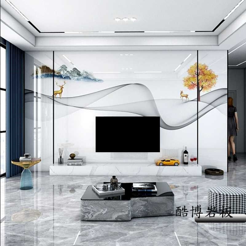 瓷砖电视背景墙效果图高温微晶石岩板现代简约客厅石材大板沙发墙