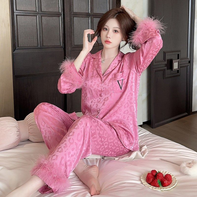 睡衣女春秋冰丝新款高级感长袖奢华羽毛丝绸秋季家居服套装可外穿,女士内衣/男士内衣/家居服,睡衣/家居服套装,淘宝优惠券,粉丝福利购,淘宝优惠卷