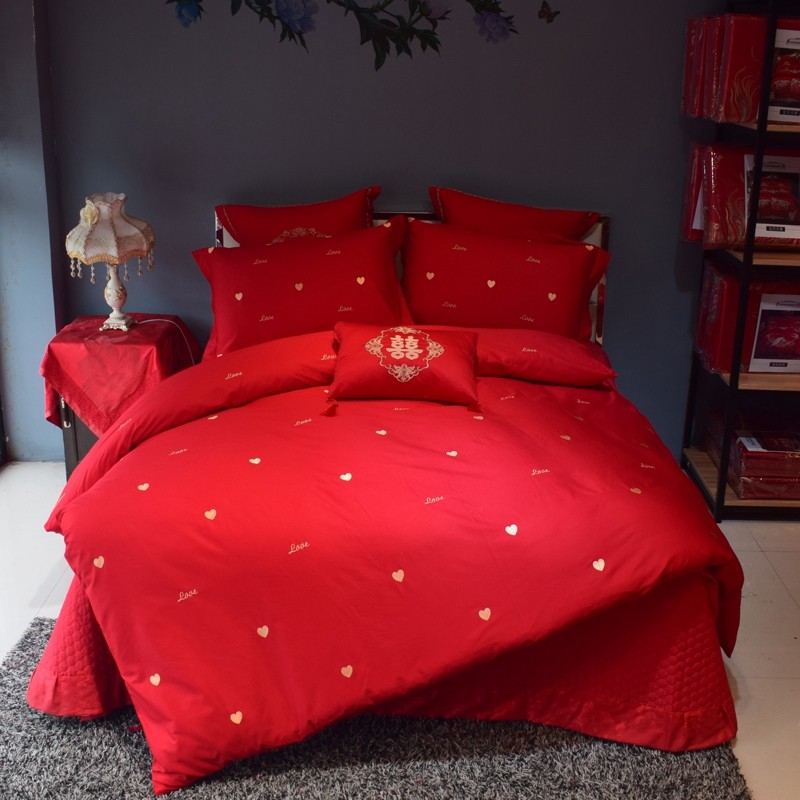 现货结婚四件套大红新婚婚床上简约婚庆棉刺绣被套绣花六多件套,床上用品,婚庆床品套件,淘宝优惠券,粉丝福利购,淘宝优惠卷