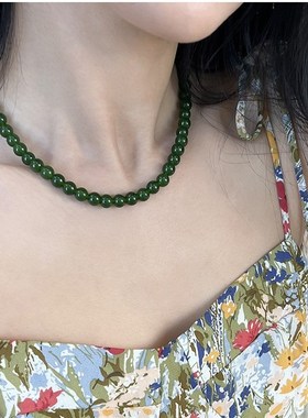 绿色玉髓串珠碧玉l色新中式项链元宝扣锁骨链项链冷淡风高级感轻