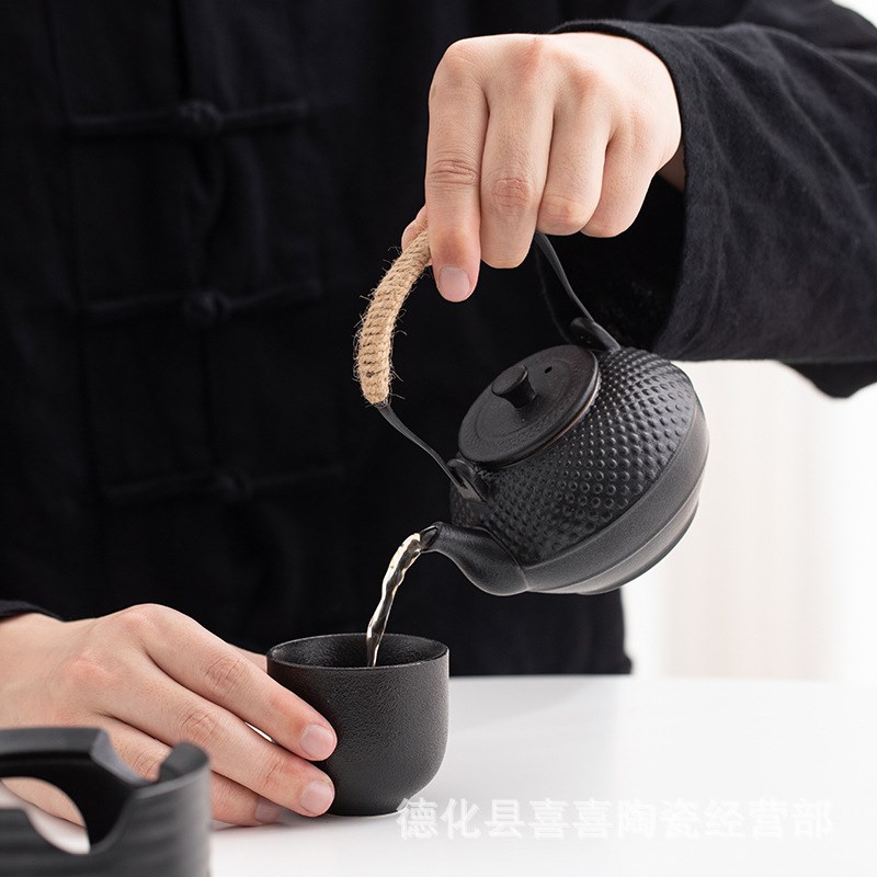 现货黑陶提梁壶日式泡茶壶复古蜡烛加热保温围炉煮茶陶瓷仿铁壶茶