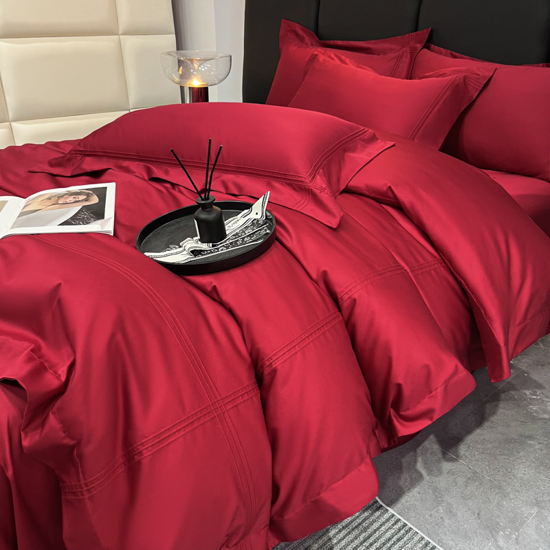 新中式100支结婚牀上用品大红色四件套简约纯色长绒棉婚庆牀笠4,床上用品,婚庆床品套件,淘宝优惠券,粉丝福利购,淘宝优惠卷