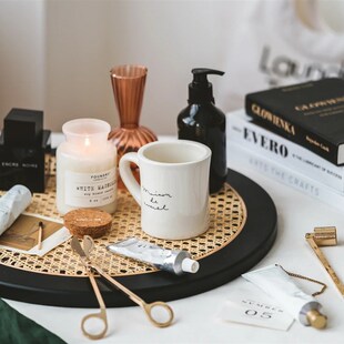 中古藤编托盘拍照道具摄影六边圆形黑棕色木头质桌面收纳首饰摆件