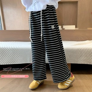 宝宝春秋休闲宽松直筒裤 女童2024春装 儿童条纹洋气阔腿裤 韩版 新款