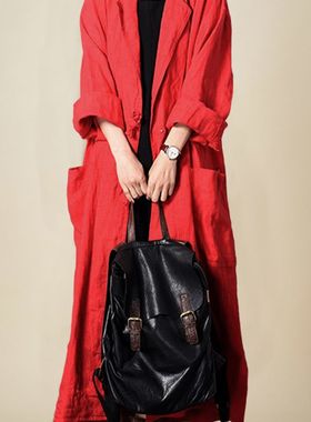 2020秋装超长款宽松翻领棉麻长袖红色风衣女 百搭纯色大码薄外套