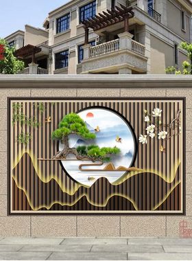 室外庭院迎门墙瓷砖背景墙公司大型围墙现代新中式壁画岩板影背墙