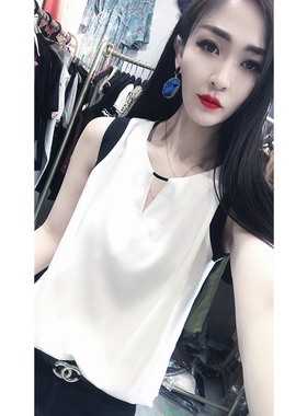 夏装新款V领f白色西装内搭背心女宽松外穿遮肚子无袖雪纺上衣打底