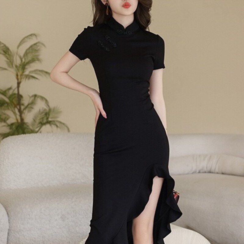 TRENDY BRAND 2023 SUMMER NEW WOMENS CLOTHING NEW CHINESE TEMPERAMENT CELEBRITY IRREGULAR IMPROVED CHEONGSAM FISHTAIL DRESS WOMEN