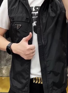 欧货夏季男士新款轻薄透气网连帽马甲外套黑色百搭运动男装00819