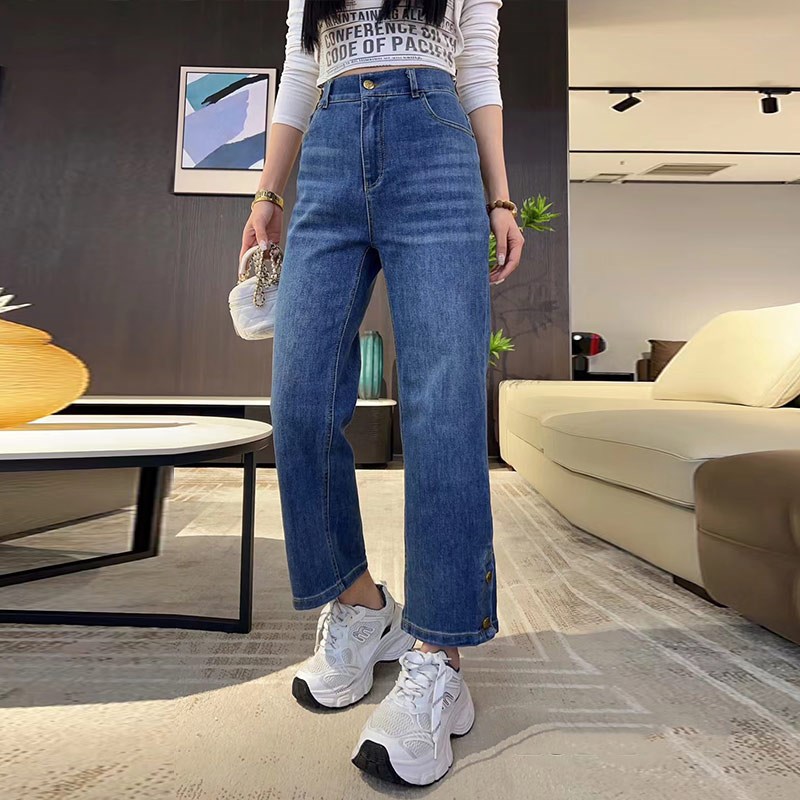 加肥裤脚纽扣直筒九分裤宽松遮胯大码女装简约百搭烟管休闲牛仔裤