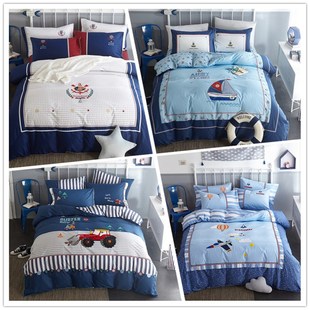 儿童全棉床单四件套小男孩卡通被套1.2米1.5床笠式三件套蓝色