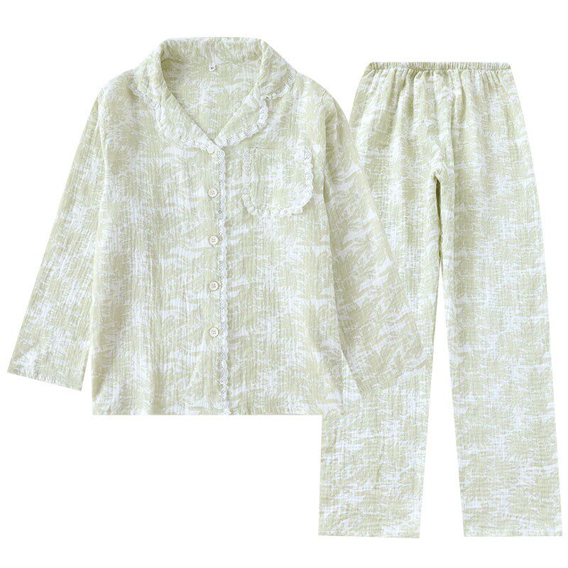 蕾丝花边睡衣女春夏薄款长袖小清新纱布宽松家居服套装居家服