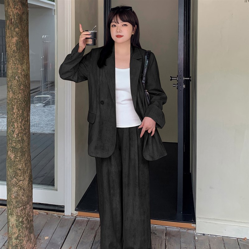 秋季大码女装西装穿搭一整套装胖mm正式感长袖西服+阔腿裤两件套
