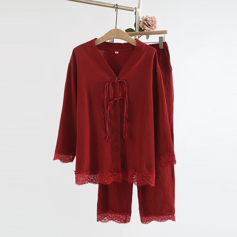 本命年新年红色国风睡衣女士春秋夏季纱布薄款长袖家居服套装