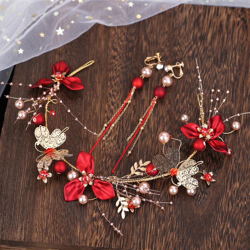 新娘仙气头饰2020新款结婚红色婚纱发饰韩N式敬酒服森系仙美配饰