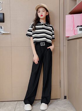 韩国女童夏装冰丝窄版阔腿裤新款夏季薄款中大童垂感西装直筒裤子