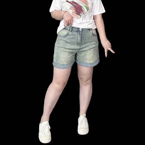 烫钻卷边品质高腰牛仔短裤女夏装新款大码胖mm弹力显瘦阔腿热裤子