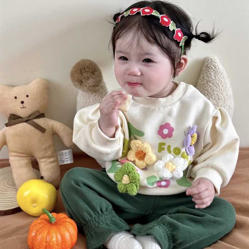 热销2024春秋新款衣服早春婴幼儿两件套立体小花卫衣卫裤女宝宝套