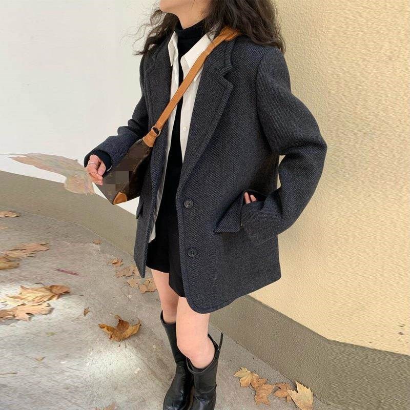 短款毛呢外套女春秋新款斜纹加厚宽松复古小个子西装羊毛呢子大衣