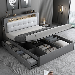 双人床榻榻米床北欧床气压箱体床现代简约主卧床高箱床储物床 意式