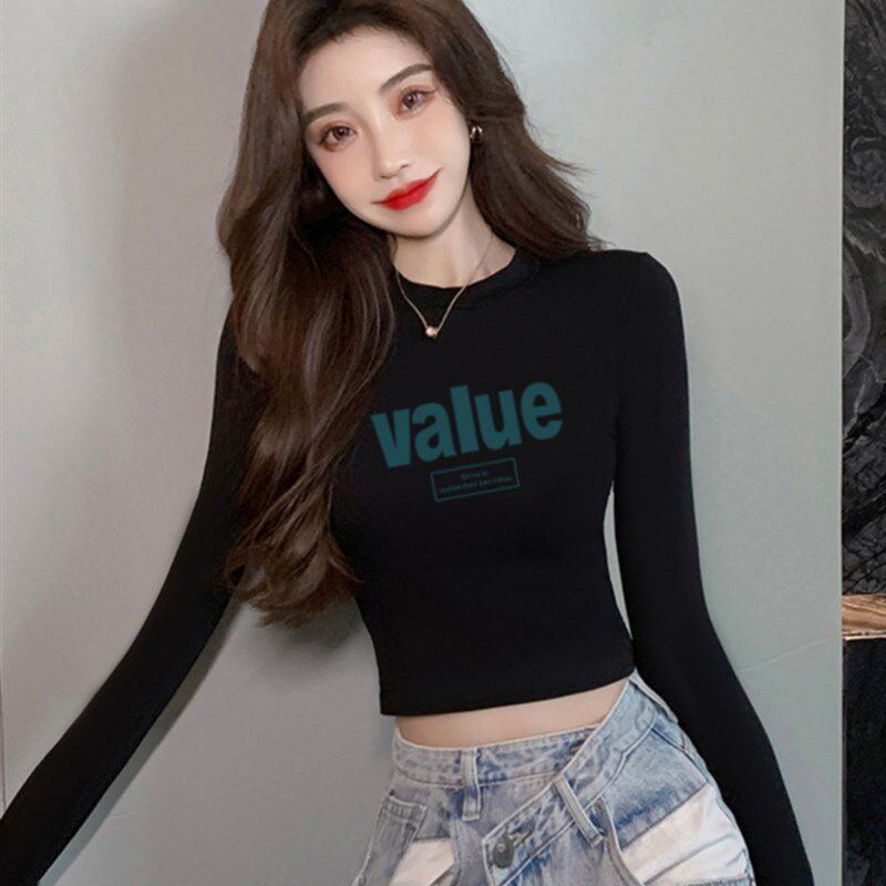 潮牌女短款高腰i露脐秋冬内搭紧身上衣半高领打底黑色长袖T恤