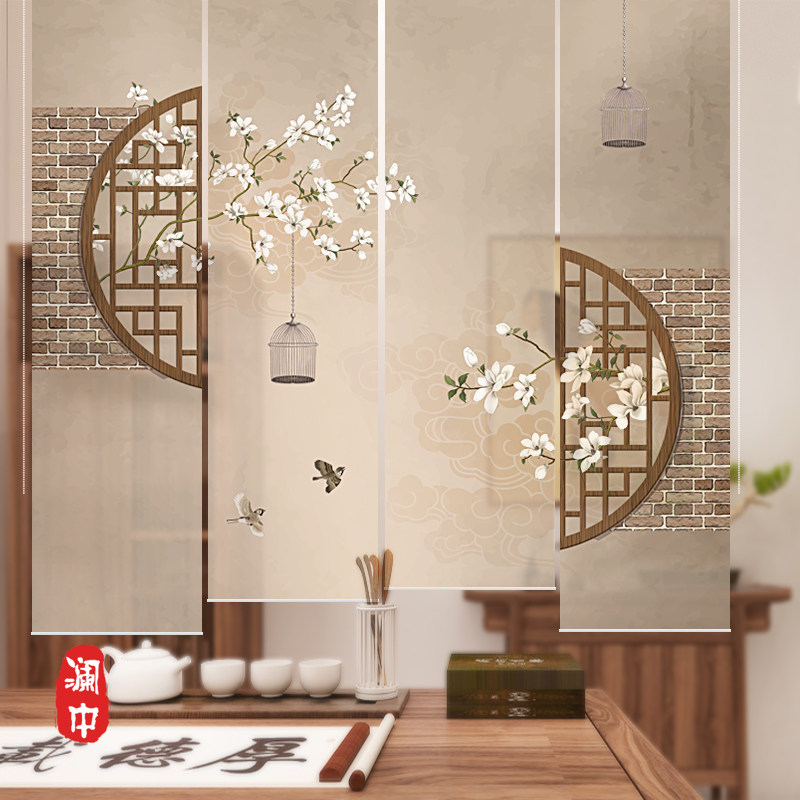 新中式透明卷帘窗帘屏风帘隔断帘挂式升降遮光帘子软隔断玄关花鸟,居家布艺,卷帘,淘宝优惠券,粉丝福利购,淘宝优惠卷
