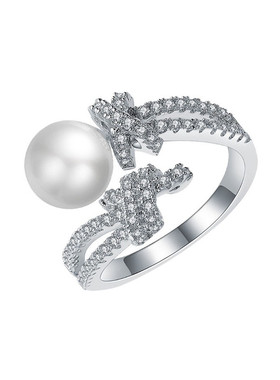 时尚绳结珍珠戒指女生微镶锆石食指指环2021新款个性气质开口戒指