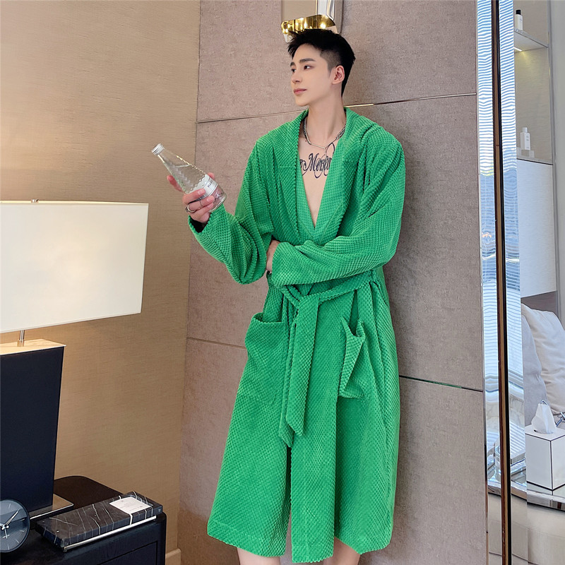 秋冬季绵绒睡袍连帽风衣束腰系带外套中长版居家R服男外搭浴袍披