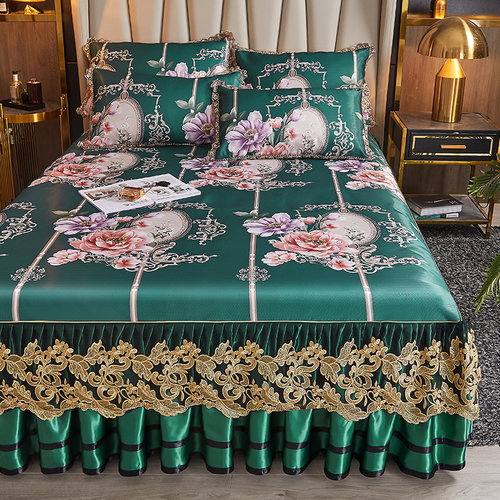 夏季薄款蕾e丝床裙冰丝席三件套床罩凉席可折叠机洗防滑床套空调