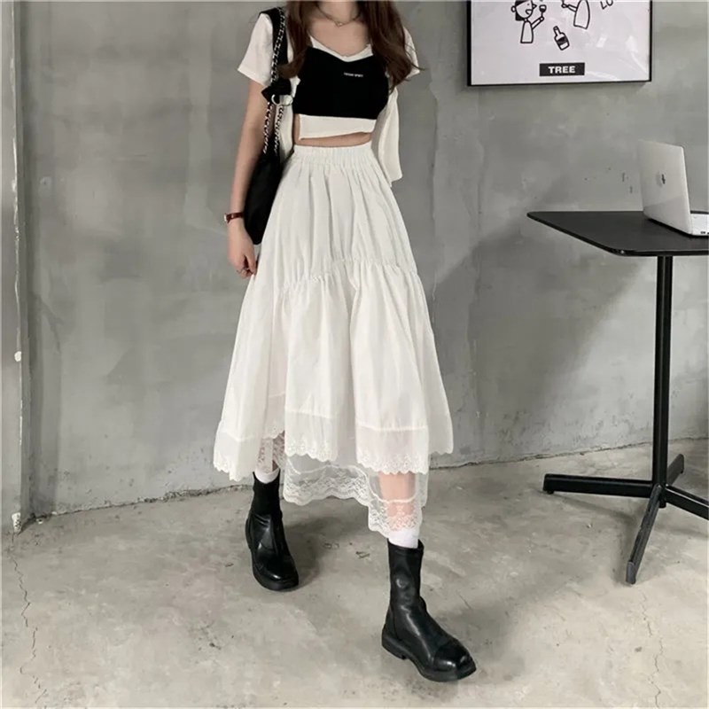 ack Gothir aceLStirtching Ircegular Pleated Skirt Women