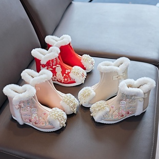 女童汉服鞋冬季古装唐装宝宝加绒儿童绣花鞋靴子加厚红色布鞋棉鞋